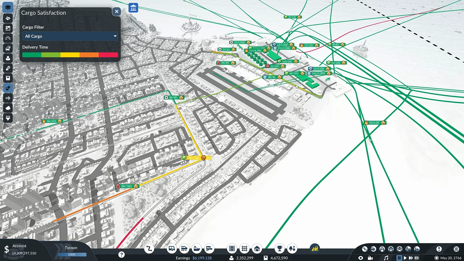 Transport Fever 3 Cargo Satisfaction overlay on the map with the delivery time legend and cargo filter panel open
