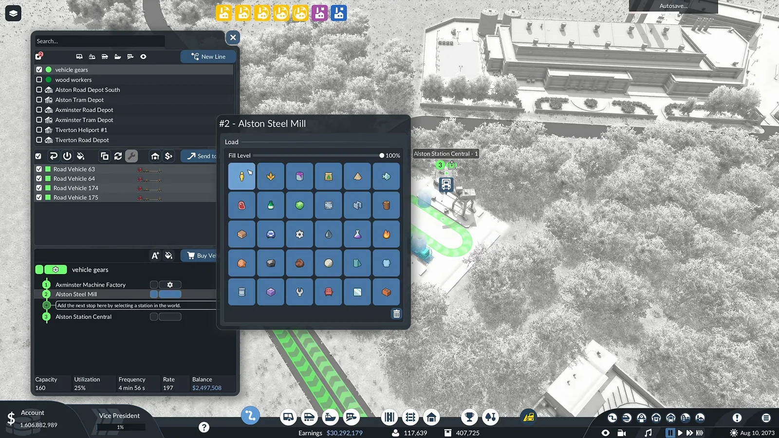 Transport Fever 3 stop window for the Alston Steel Mill with a grid of cargo type icons and the fill level set to 100 percent