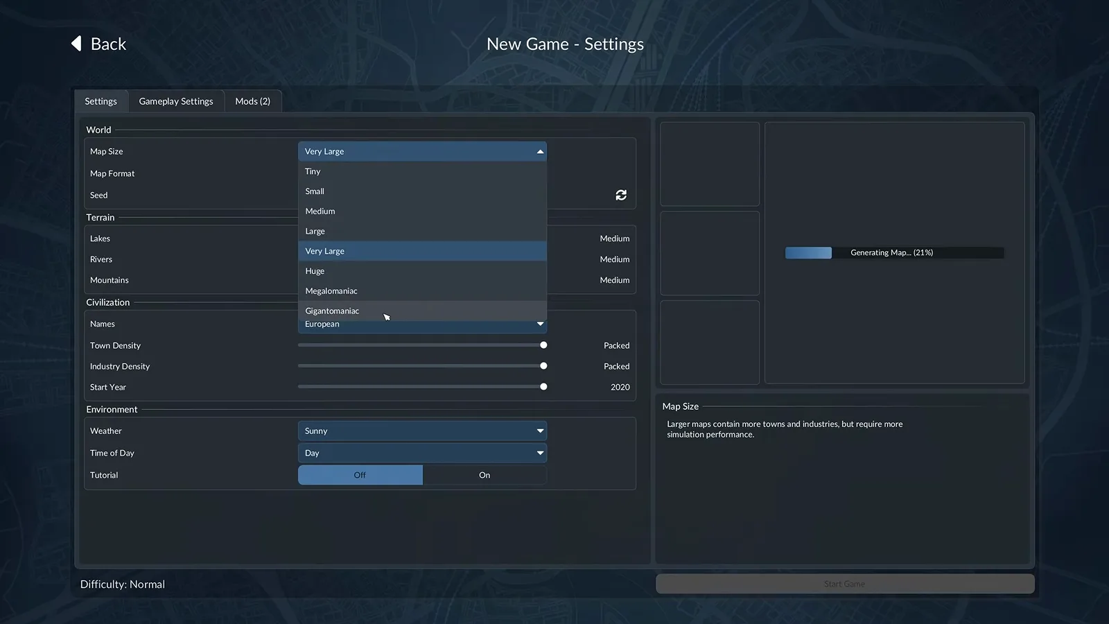 Transport Fever 3 New Game settings World tab with the map size, town density and industry density fields open before a save is created