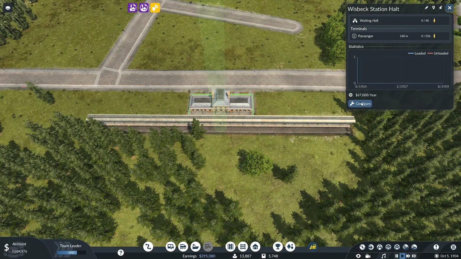 Transport Fever 3 station build tooltip for Wilbeck Station Halt showing a $15,000 build cost and $1,300 monthly upkeep