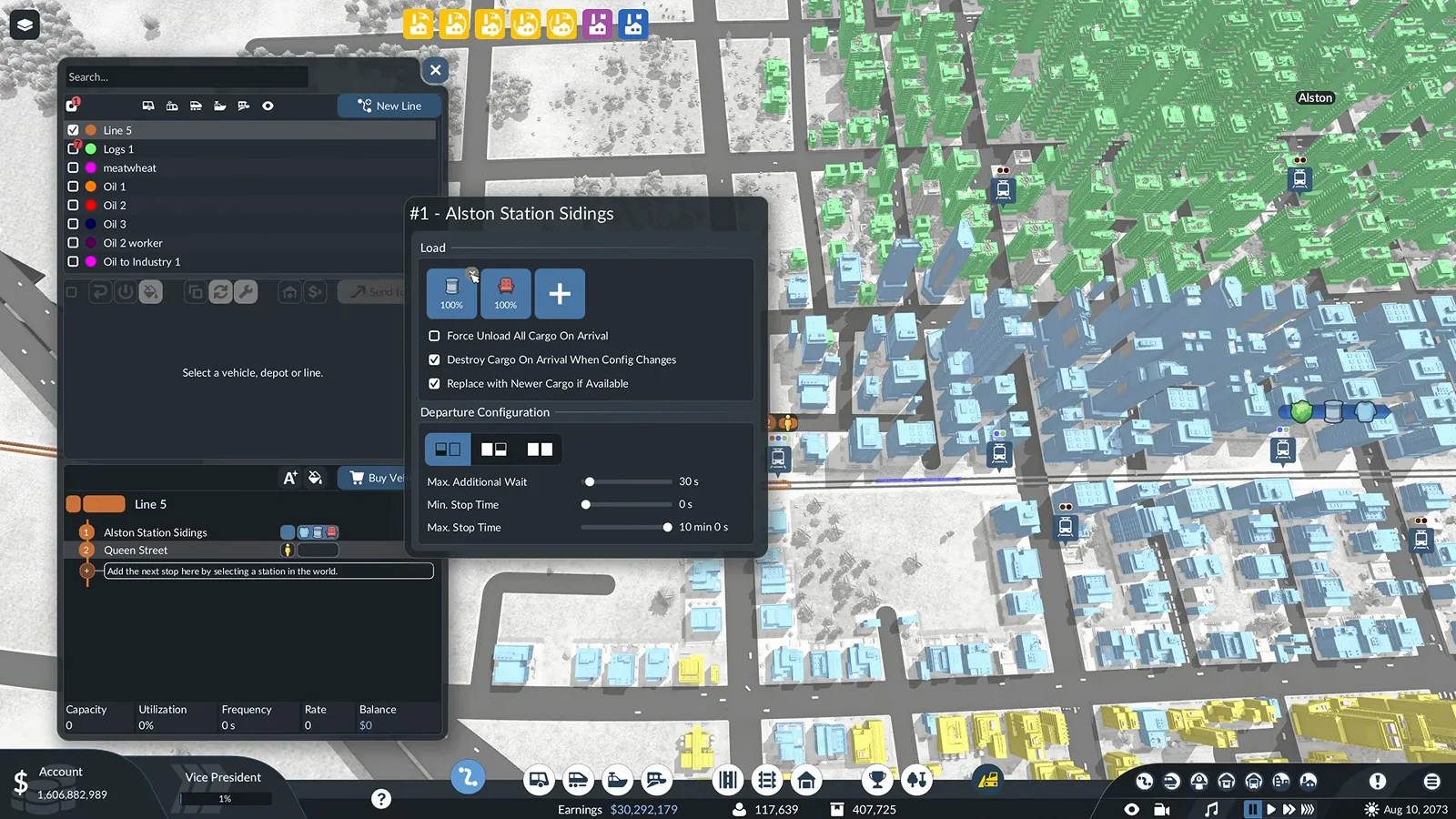 Transport Fever 3 stop settings window showing load 100 percent, force unload all cargo on arrival and the departure configuration waiting times