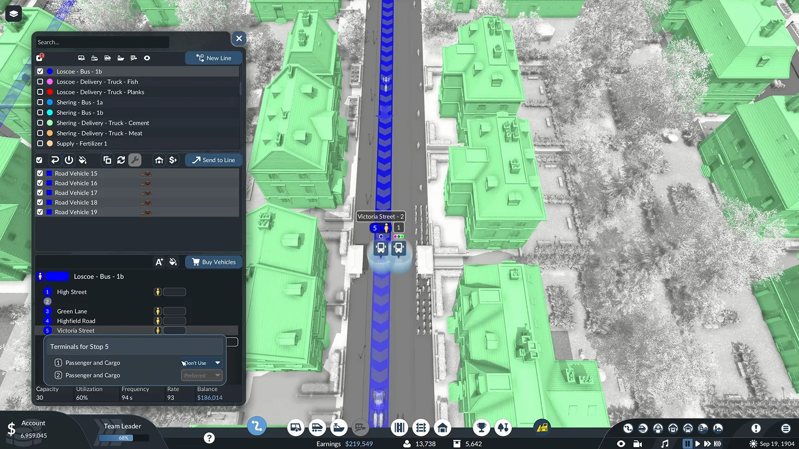 Transport Fever 3 line window with the Terminals for Stop dropdown assigning passenger and cargo platforms to individual stops
