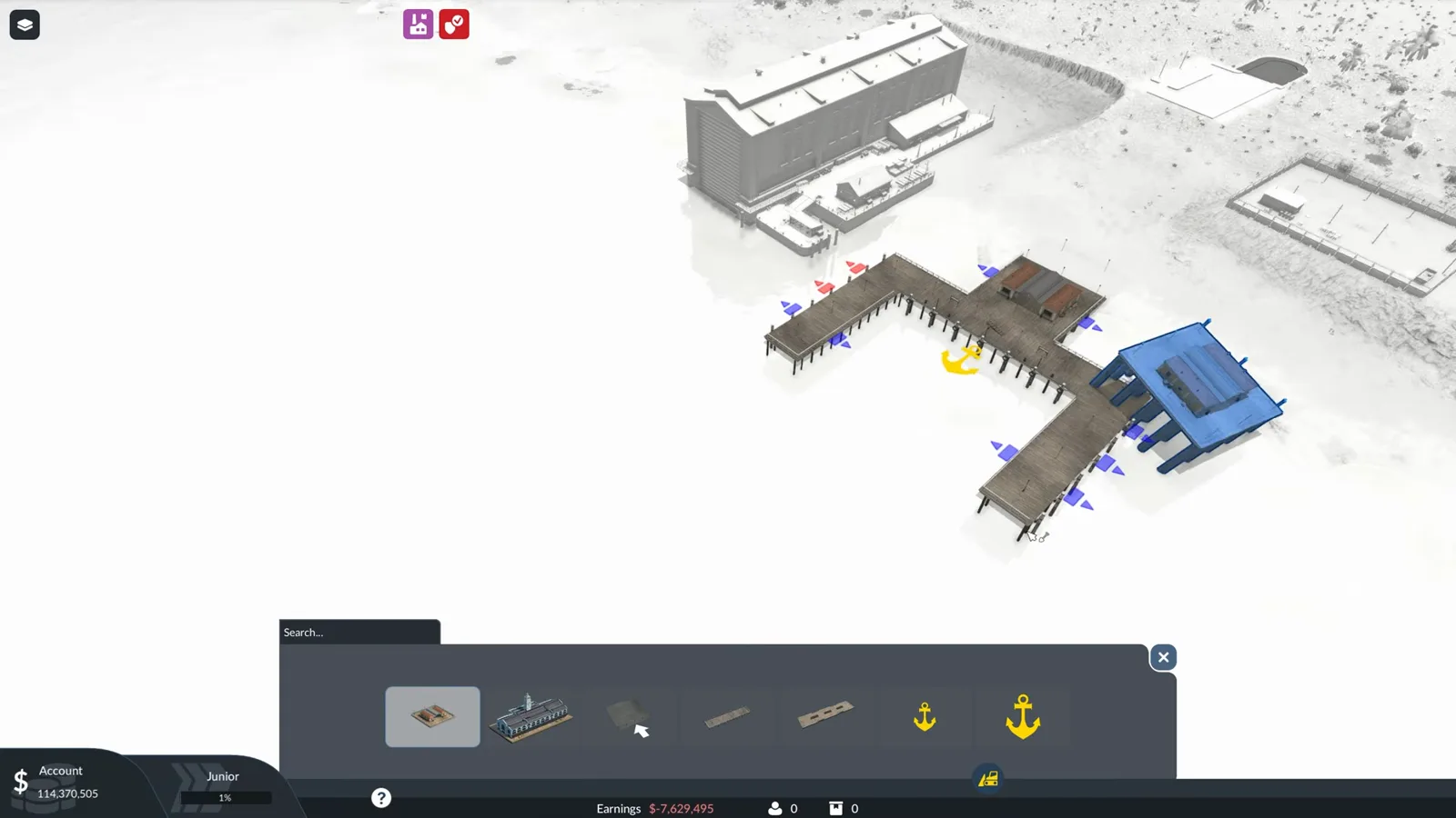 Transport Fever 3 port opened in configuration mode with anchor entry icons along the dock piers and a warehouse on the quay