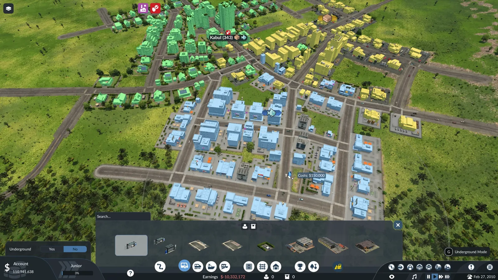 Transport Fever 3 town of Kabul with yellow commercial blocks and a freight station placed for 150,000 to serve the shops