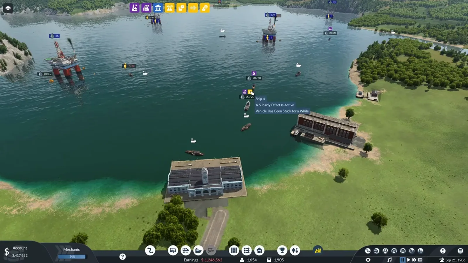 Transport Fever 3 harbour with many cargo ships and their route lines converging on a single berth of one port