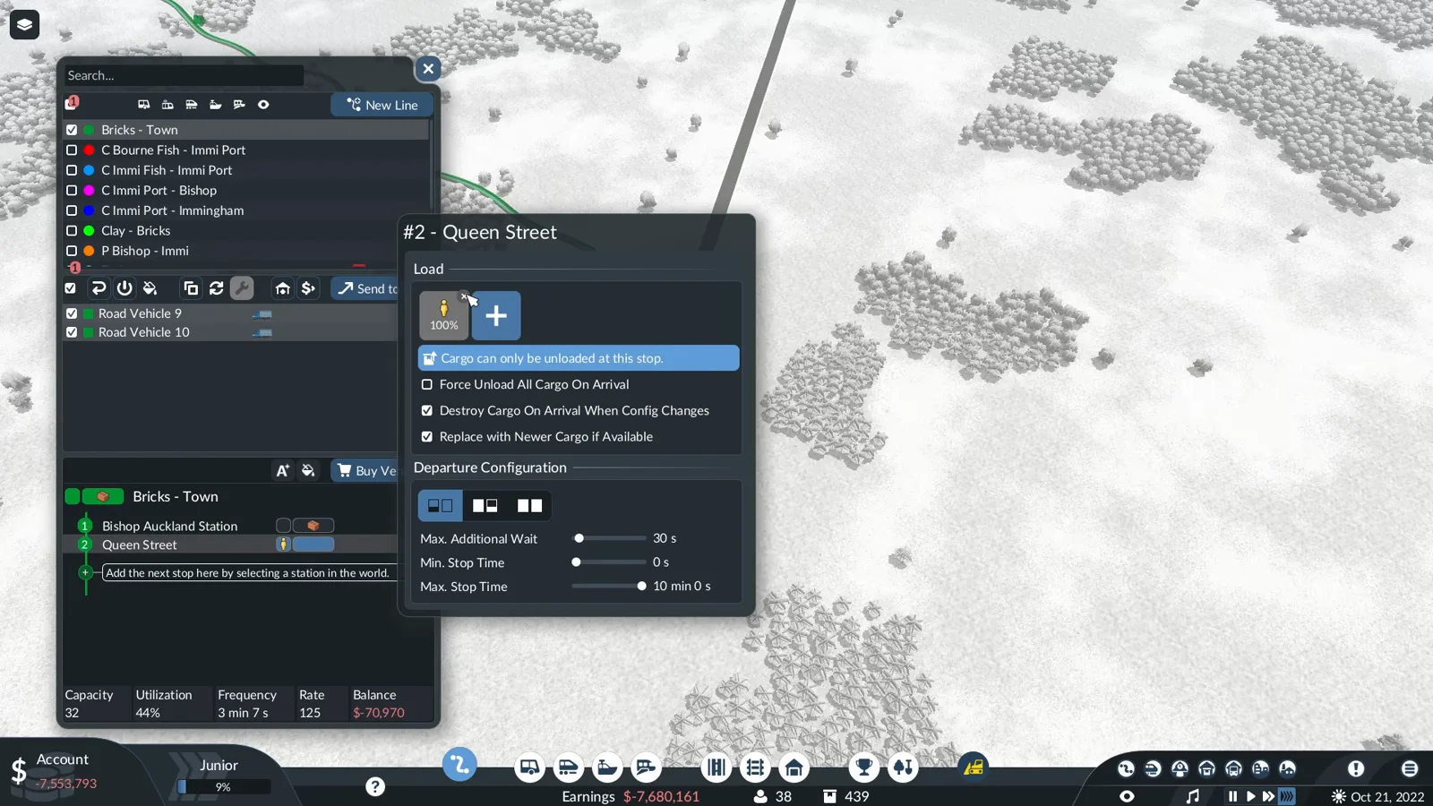 Transport Fever 3 configure stop dialog for Queen Street station with Force Unload All Cargo On Arrival still unticked, the cargo-unload-only notice and a ten minute maximum stop time