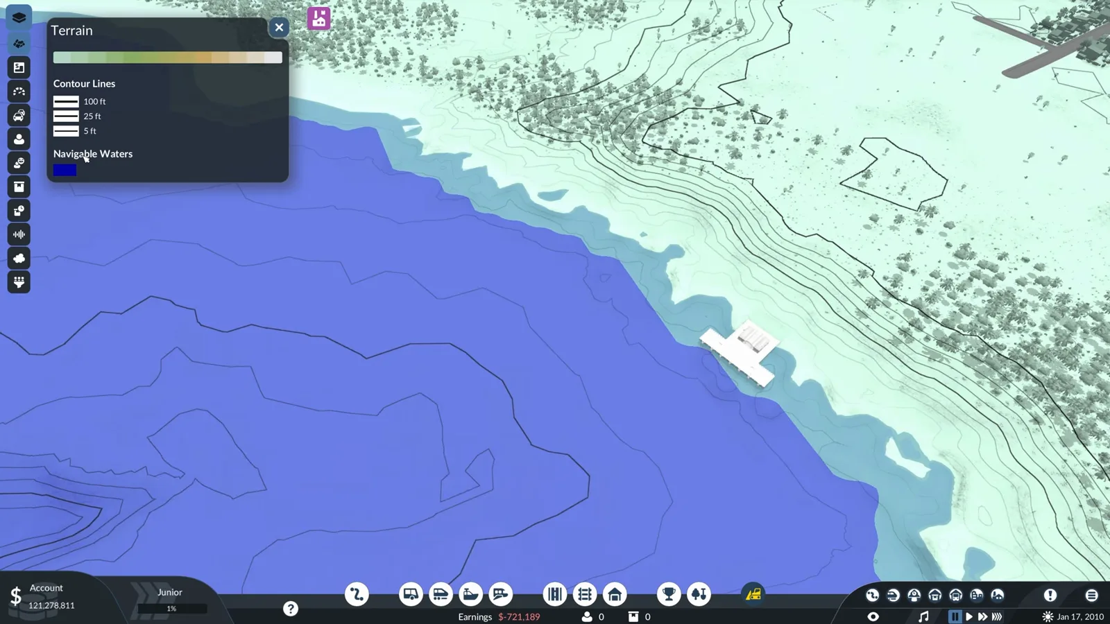 Transport Fever 3 navigable waters terrain overlay showing which coastal water a cargo ship can actually sail through