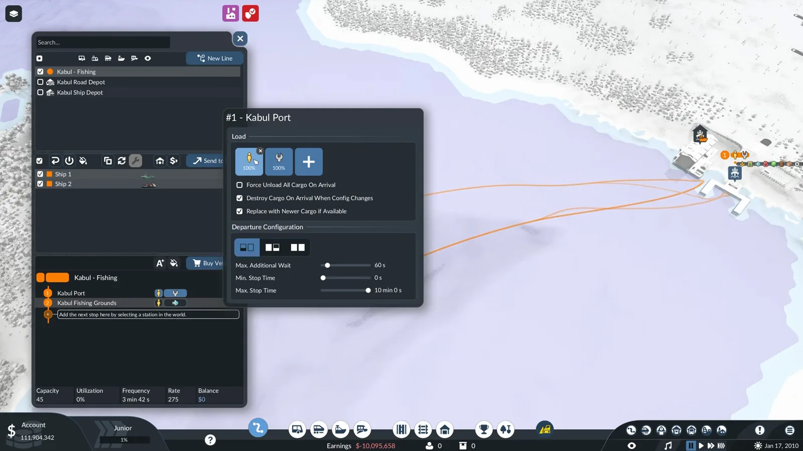 Transport Fever 3 configure stop window for Kabul Port with two cargo icons set to 100 percent and force unload left unticked