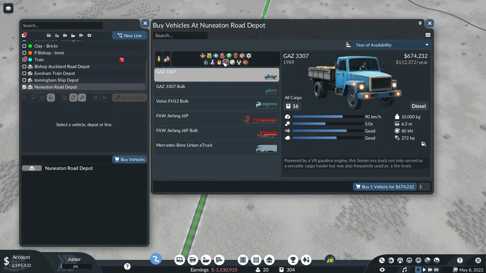 Transport Fever 3 buy vehicles window with the cargo class filter row and a GAZ 3307 truck selected with 16 units of all cargo capacity