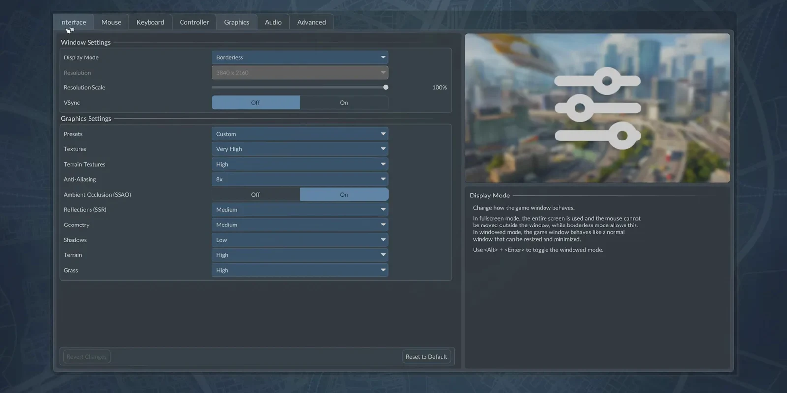 The Display Mode row in Transport Fever 3 graphics settings set to Borderless, with the help panel explaining fullscreen versus borderless windowed play