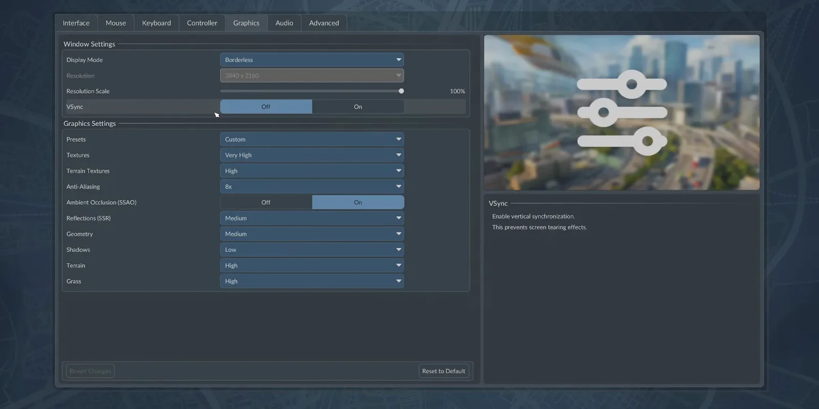 V-sync toggled to Off in the Transport Fever 3 settings menu, beside help text about vertical synchronization and screen tearing